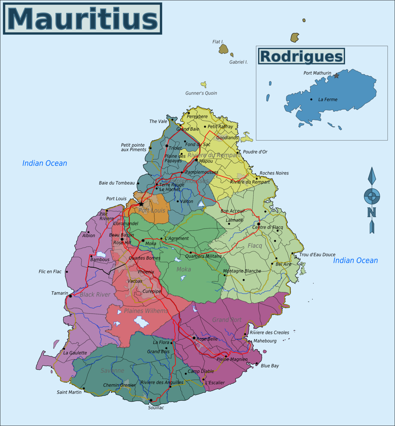 Map of Mauritius: districts, north islets, Île aux Cerfs, Île aux Aigrettes, Le Morne peninsula. Wikimedia Commons, CC BY-SA 3.0.